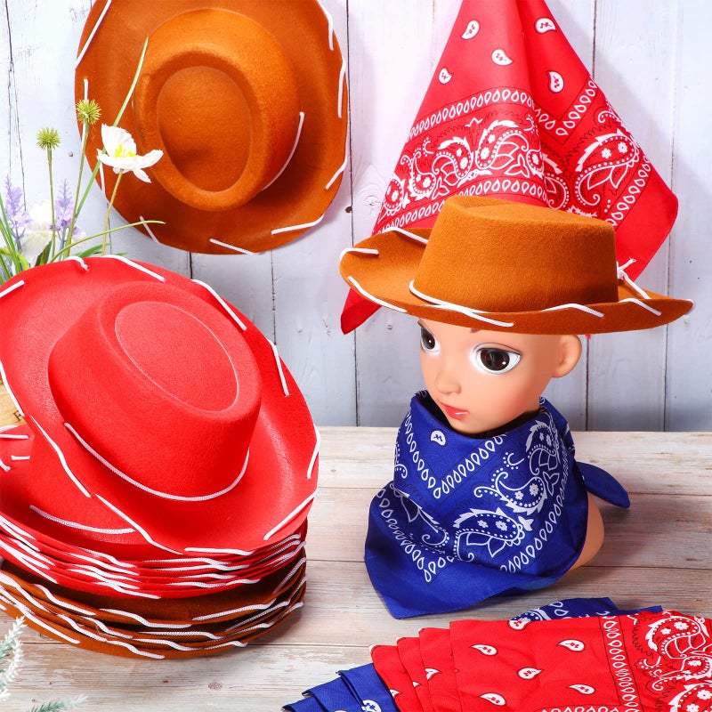 Coume 24 Pieces Cowboy Hats and Bandanas for Kids Western Cowboy Costume Hat Accessories for Toddler Child Western Theme Birthday Party Supplies Halloween Costume Dress(Brown  Red) - Image 5